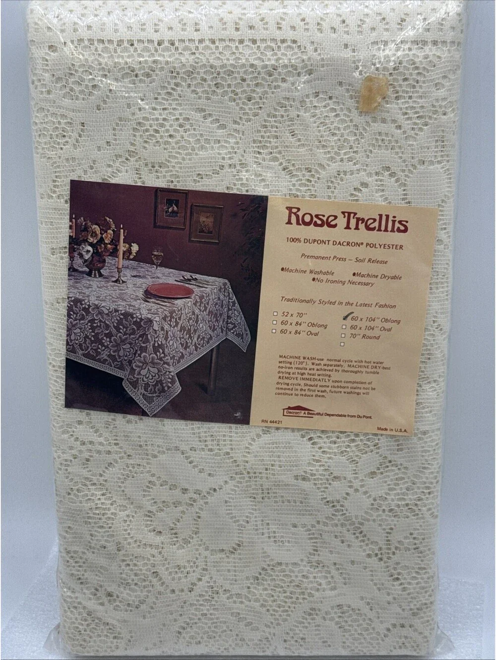 Vintage Lace Tablecloth DuPont Dacron Polyester 60x104” Oblong USA Rose Trellis
